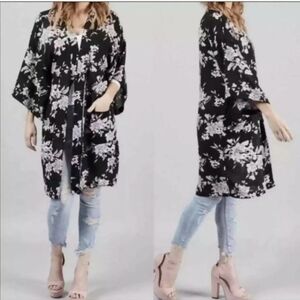 Spiritual Gangster Women's Black Maya Floral Boho Tie Front Kimono Robe One Size